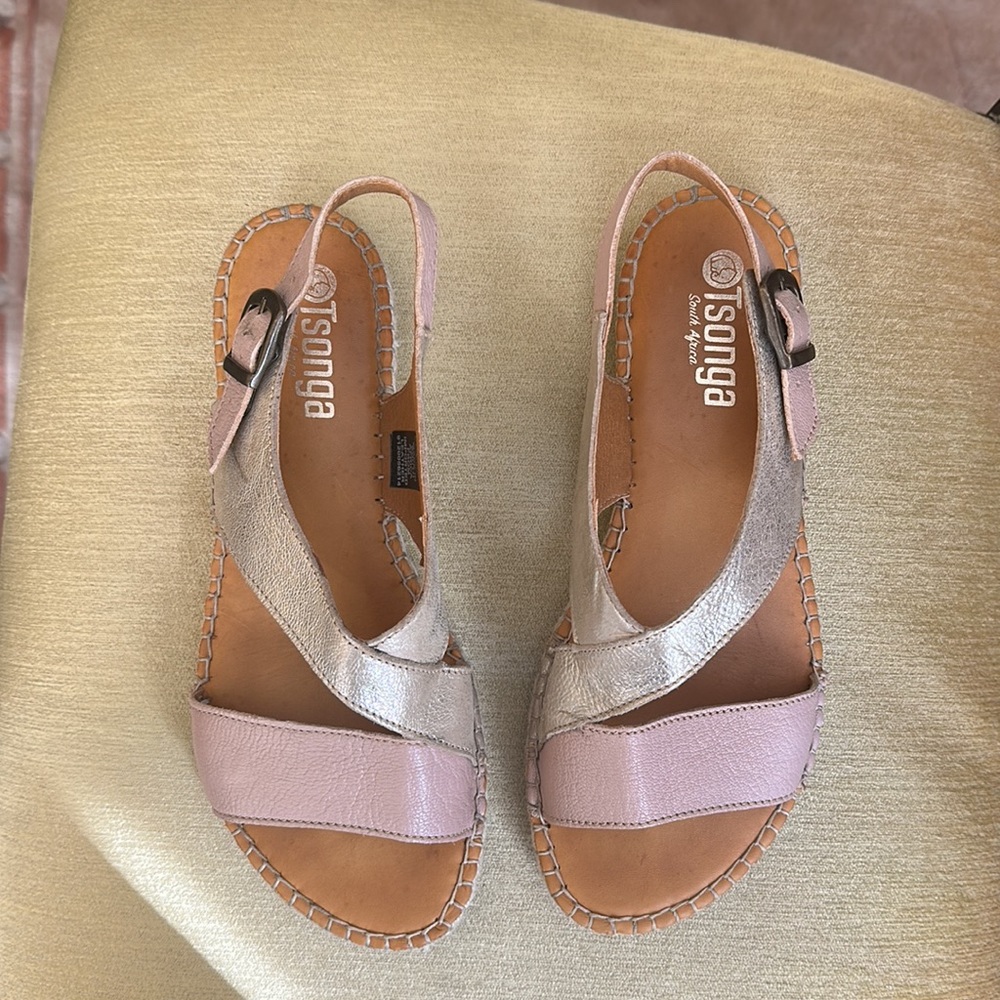 Tsonga Ladies Leather Espadrille Sandal in Blush Pink and Metallic Gold EU 40 - Picture 5 of 15